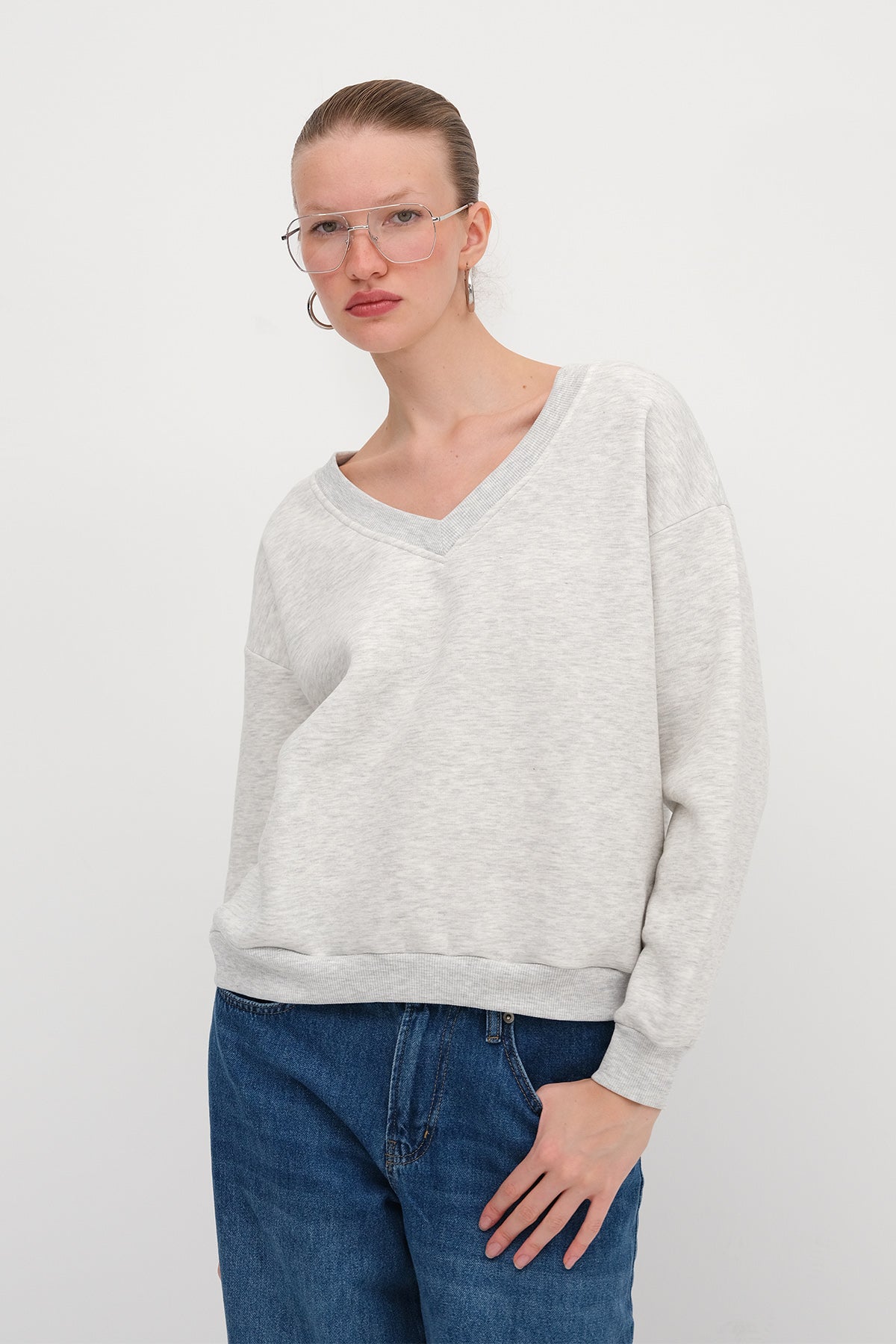 Grey-Melange_V-Neck-Fleece-Lined-Sweatshirt-addax