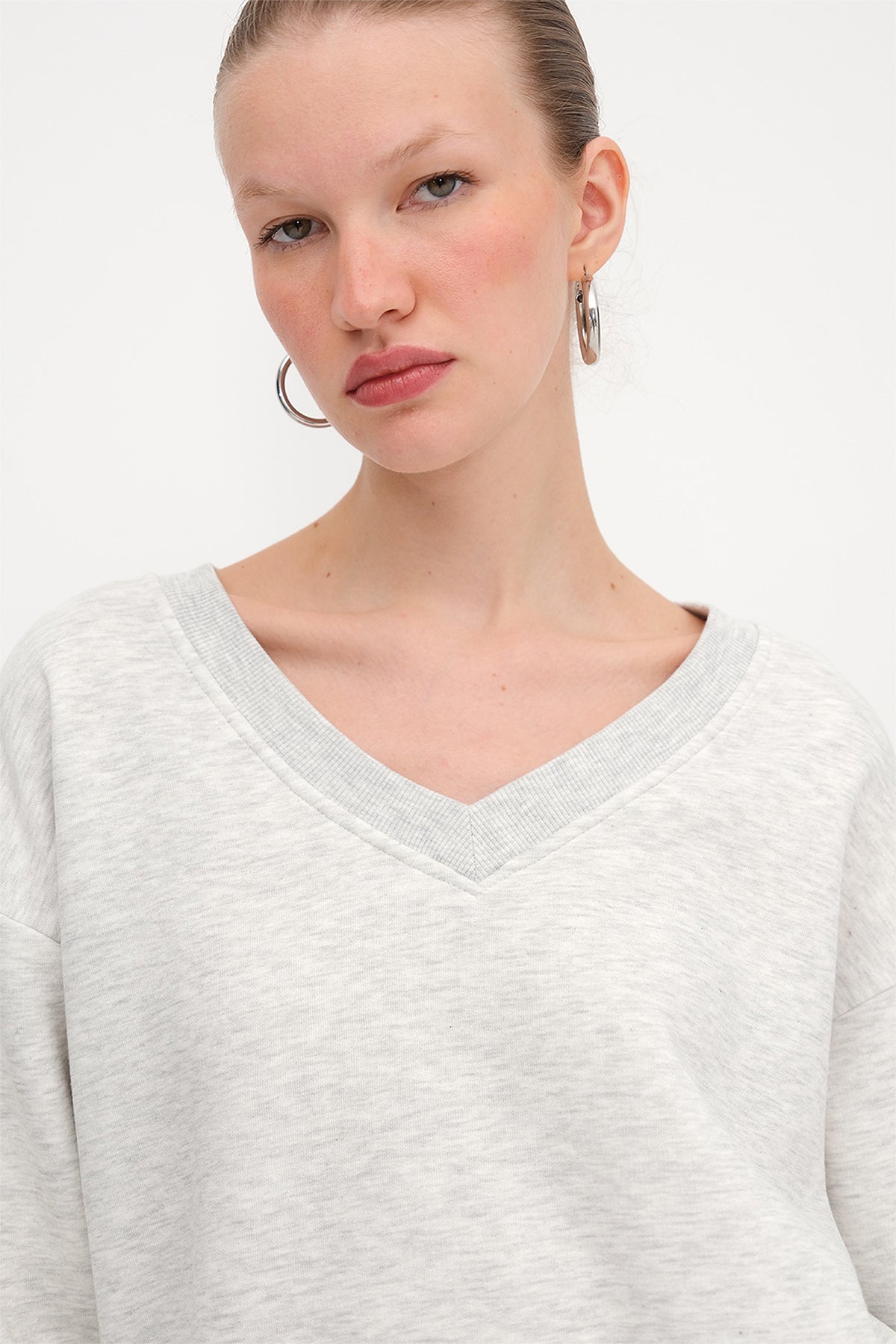 Grey-Melange_V-Neck-Fleece-Lined-Sweatshirt-addax