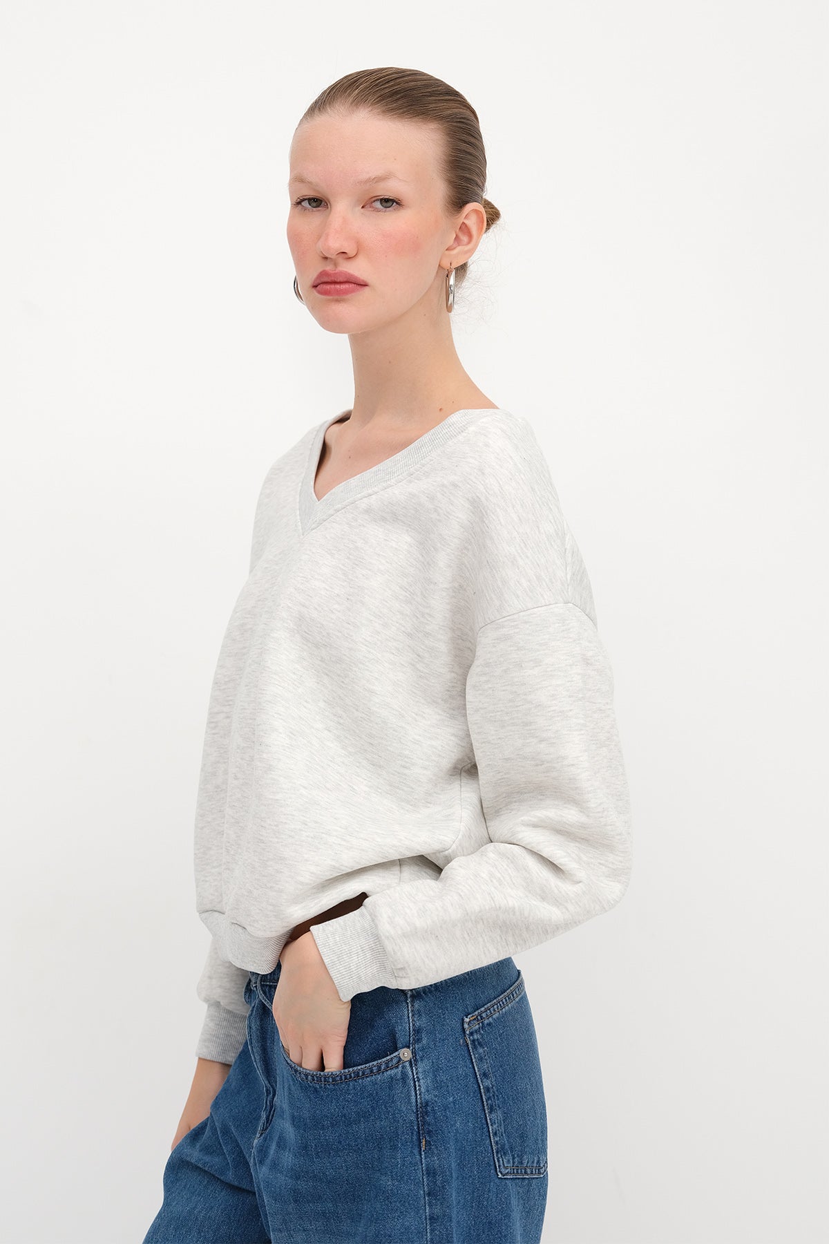 Grey-Melange_V-Neck-Fleece-Lined-Sweatshirt-addax