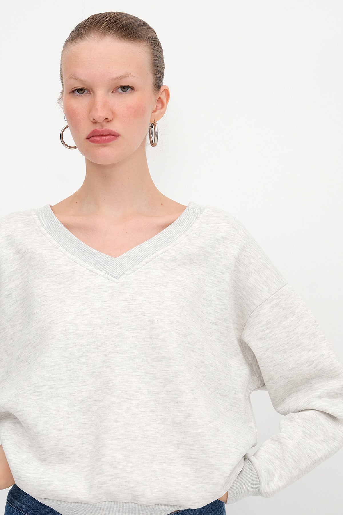 Grey-Melange_V-Neck-Fleece-Lined-Sweatshirt-addax