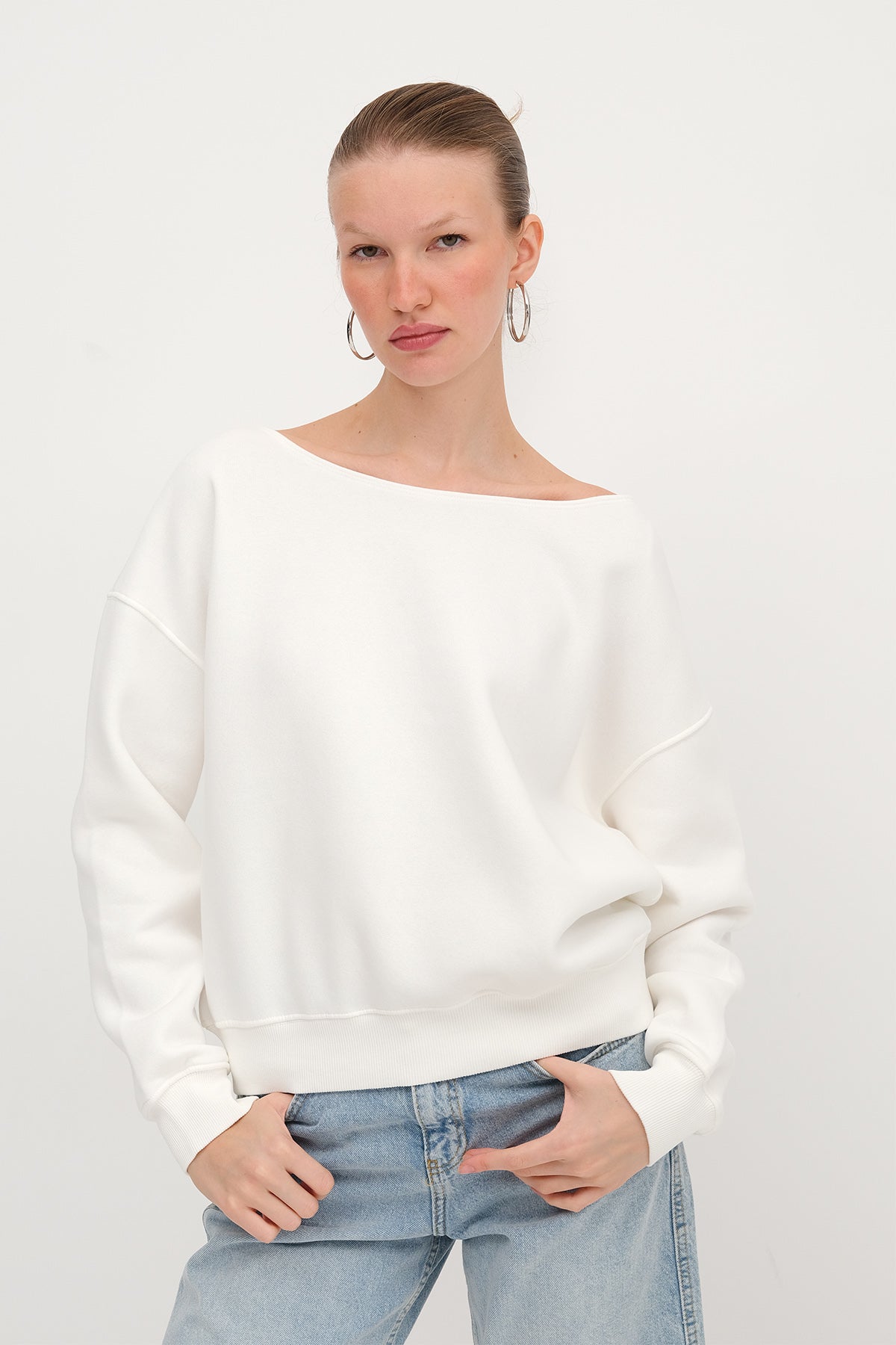 Boat Neck Fleece-Lined Sweatshirt