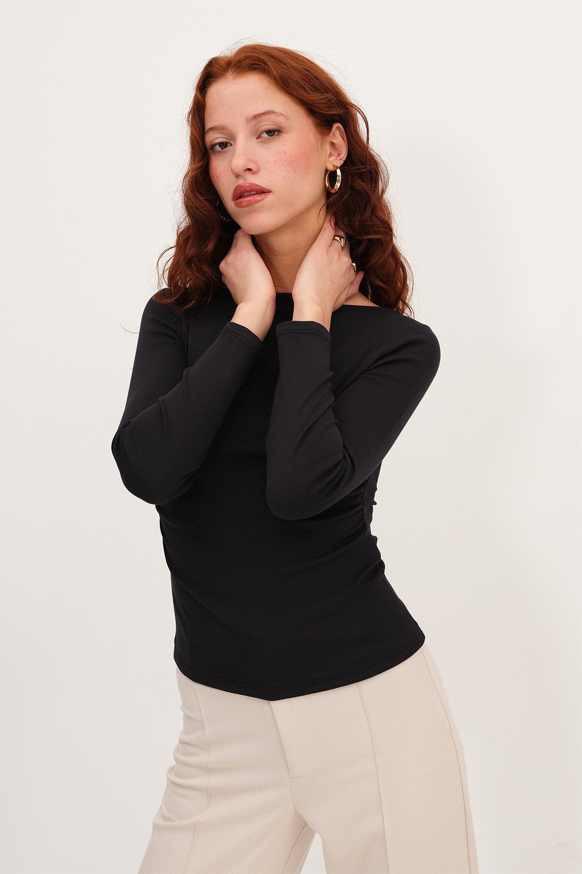Black_Long-Sleeve-Side-Ruched- Blouse-addax