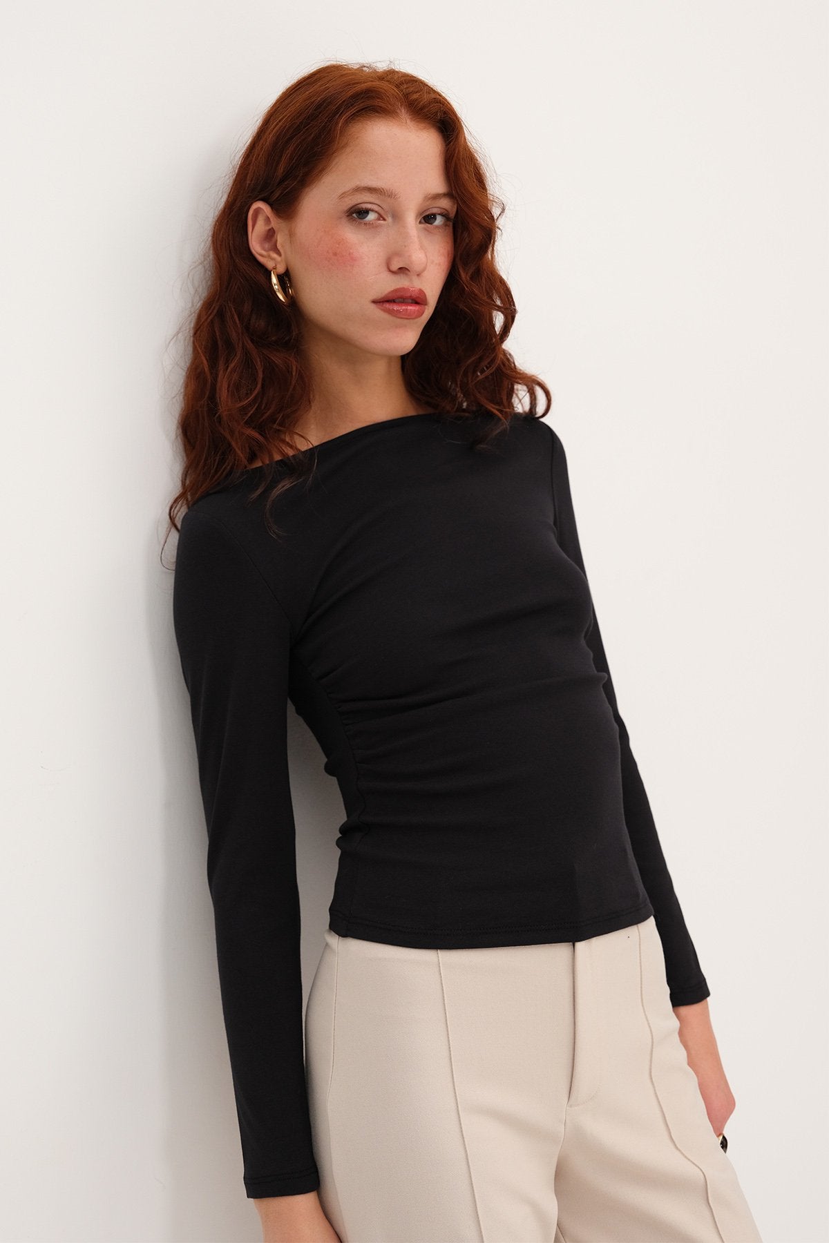 Black_Long-Sleeve-Side-Ruched- Blouse-addax