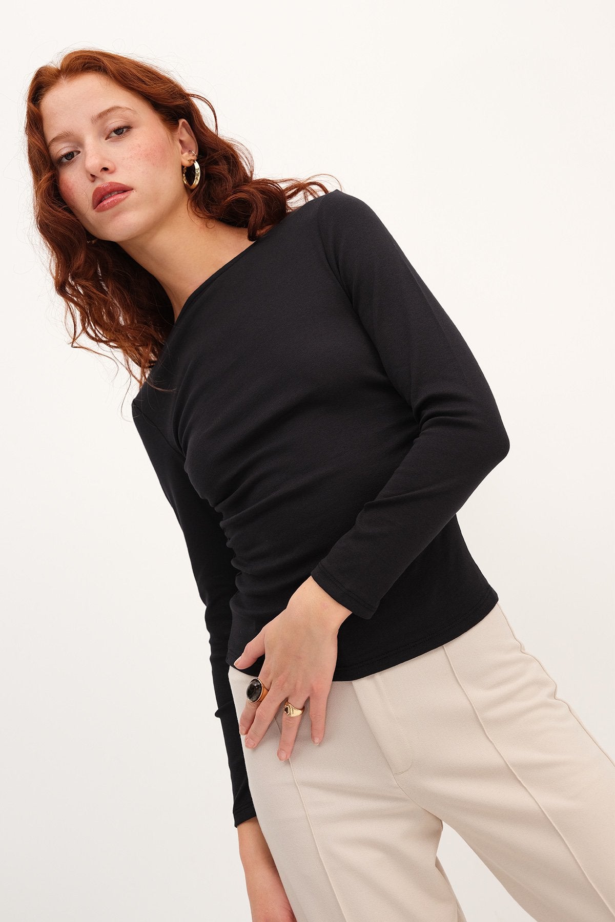 Black_Long-Sleeve-Side-Ruched- Blouse-addax
