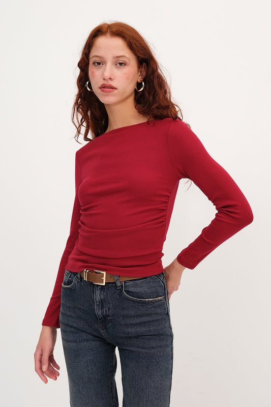 Burgundy_Long-Sleeve-Side-Ruched- Blouse-addax