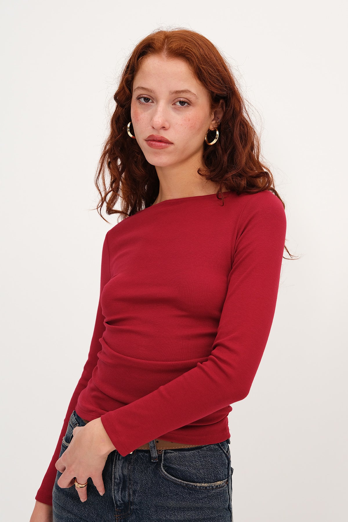 Burgundy_Long-Sleeve-Side-Ruched- Blouse-addax