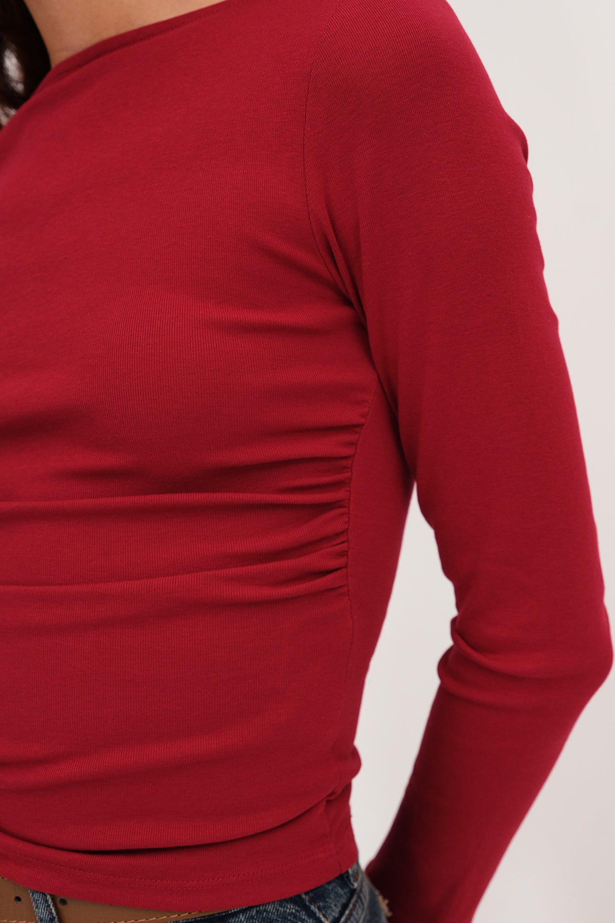Burgundy_Long-Sleeve-Side-Ruched- Blouse-addax