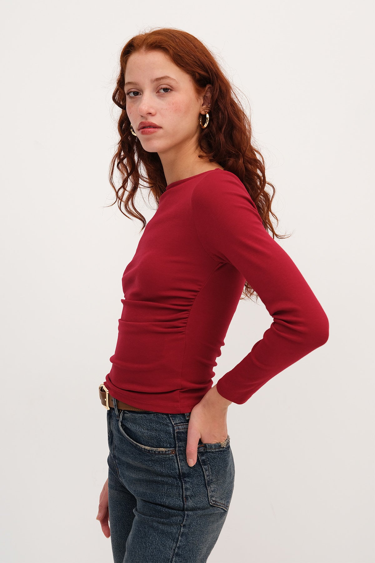 Burgundy_Long-Sleeve-Side-Ruched- Blouse-addax