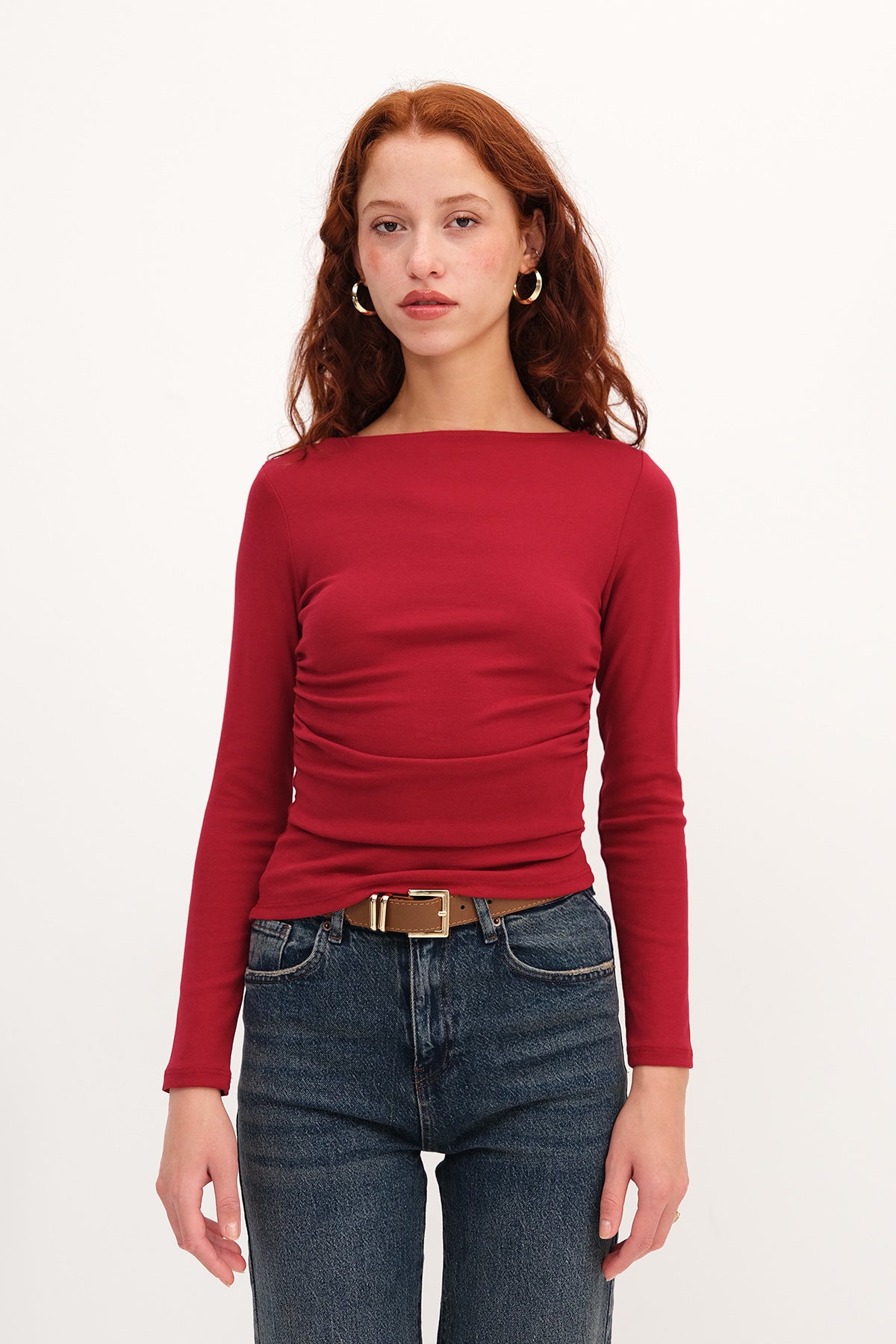 Burgundy_Long-Sleeve-Side-Ruched- Blouse-addax