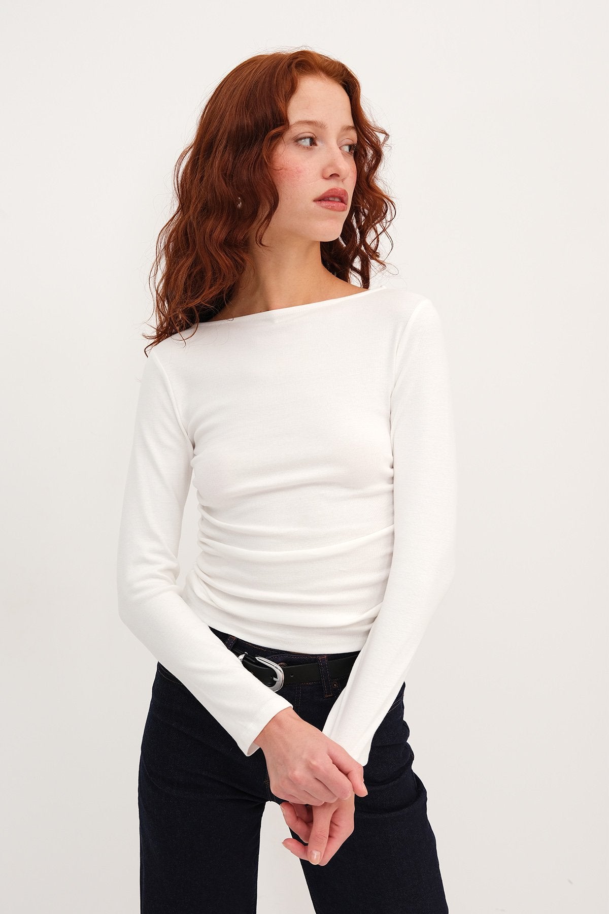 Ecru_Long-Sleeve-Side-Ruched- Blouse-addax