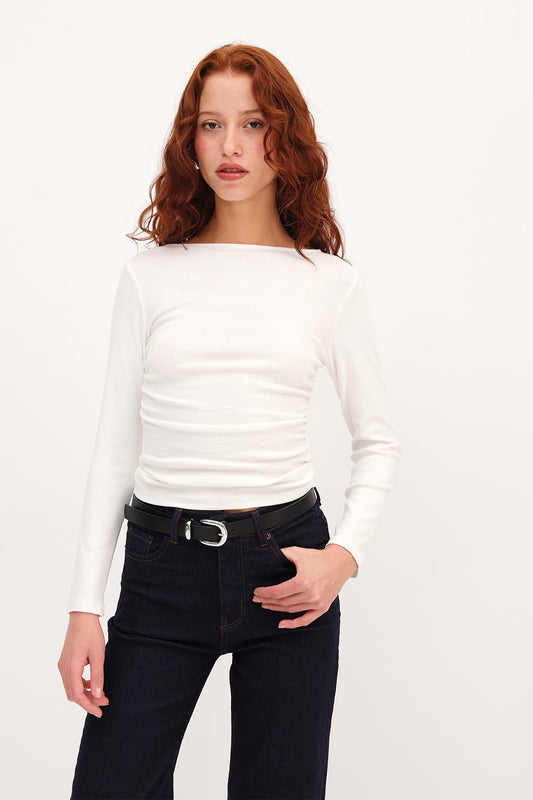 Ecru_Long-Sleeve-Side-Ruched- Blouse-addax