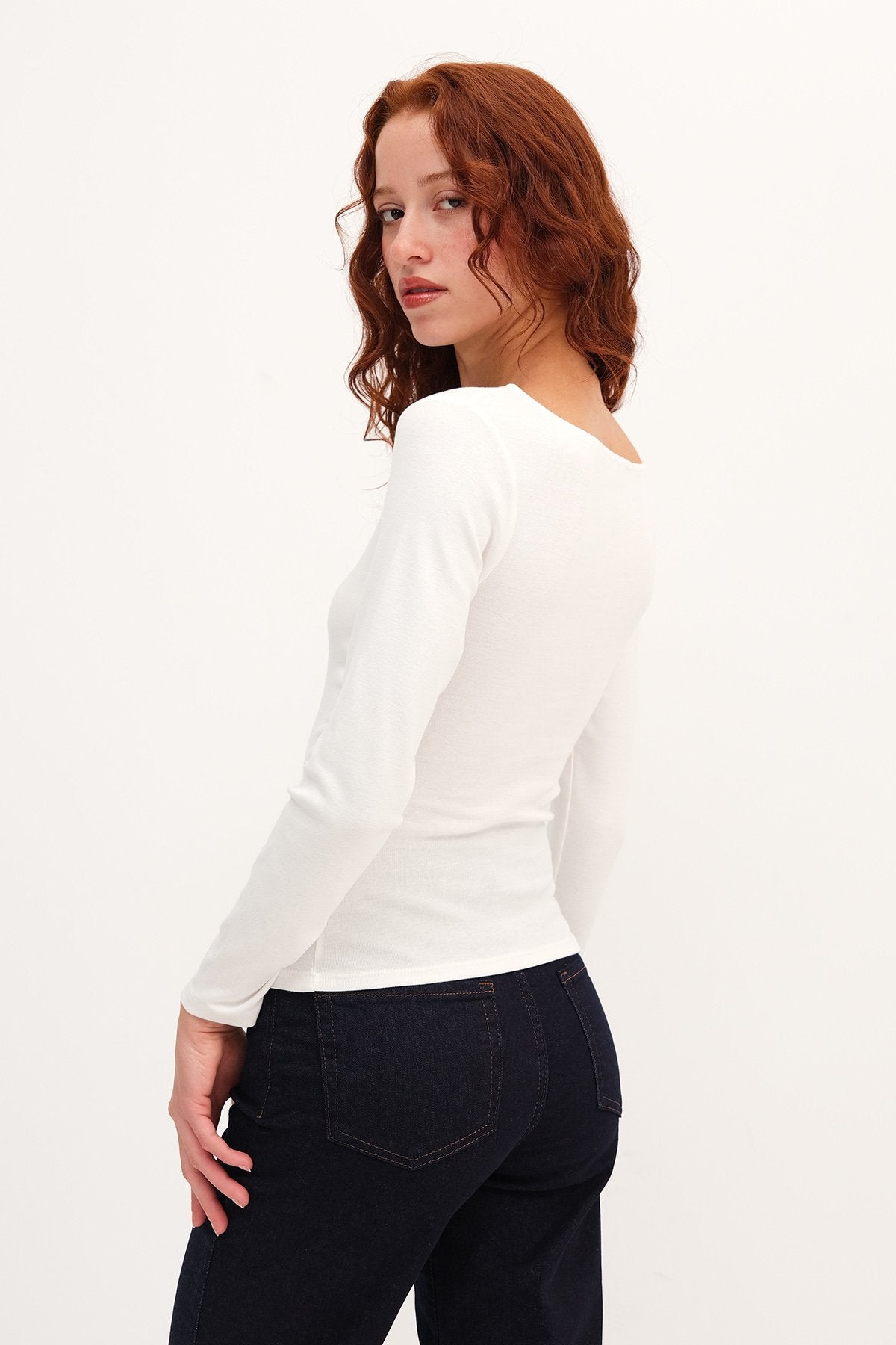 Ecru_Long-Sleeve-Side-Ruched- Blouse-addax