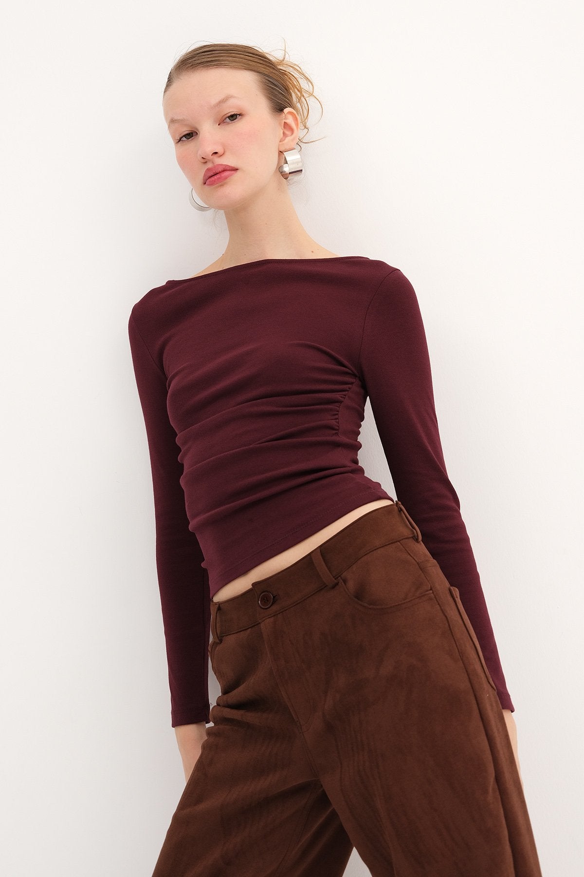 Dark-Maroon_Long-Sleeve-Side-Ruched-Blouse-addax