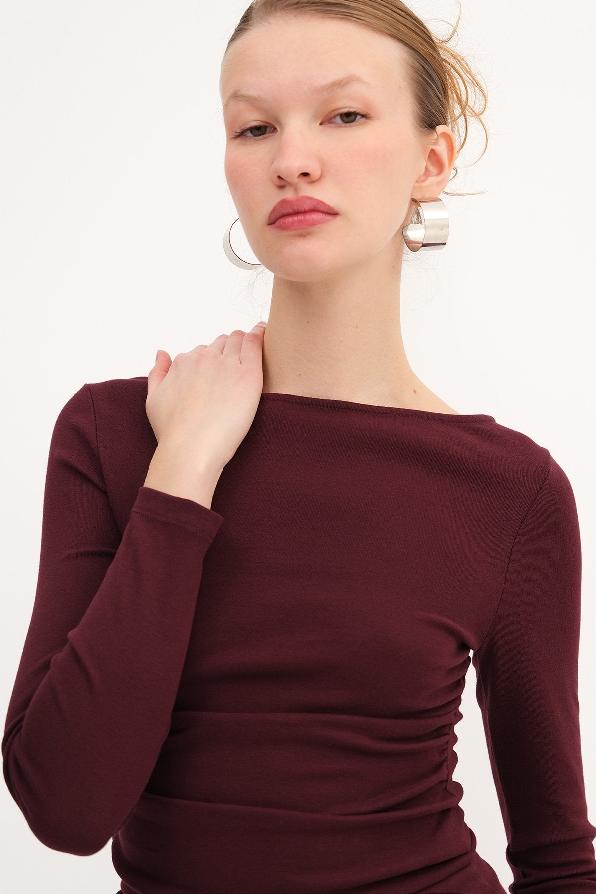 Dark-Maroon_Long-Sleeve-Side-Ruched-Blouse-addax
