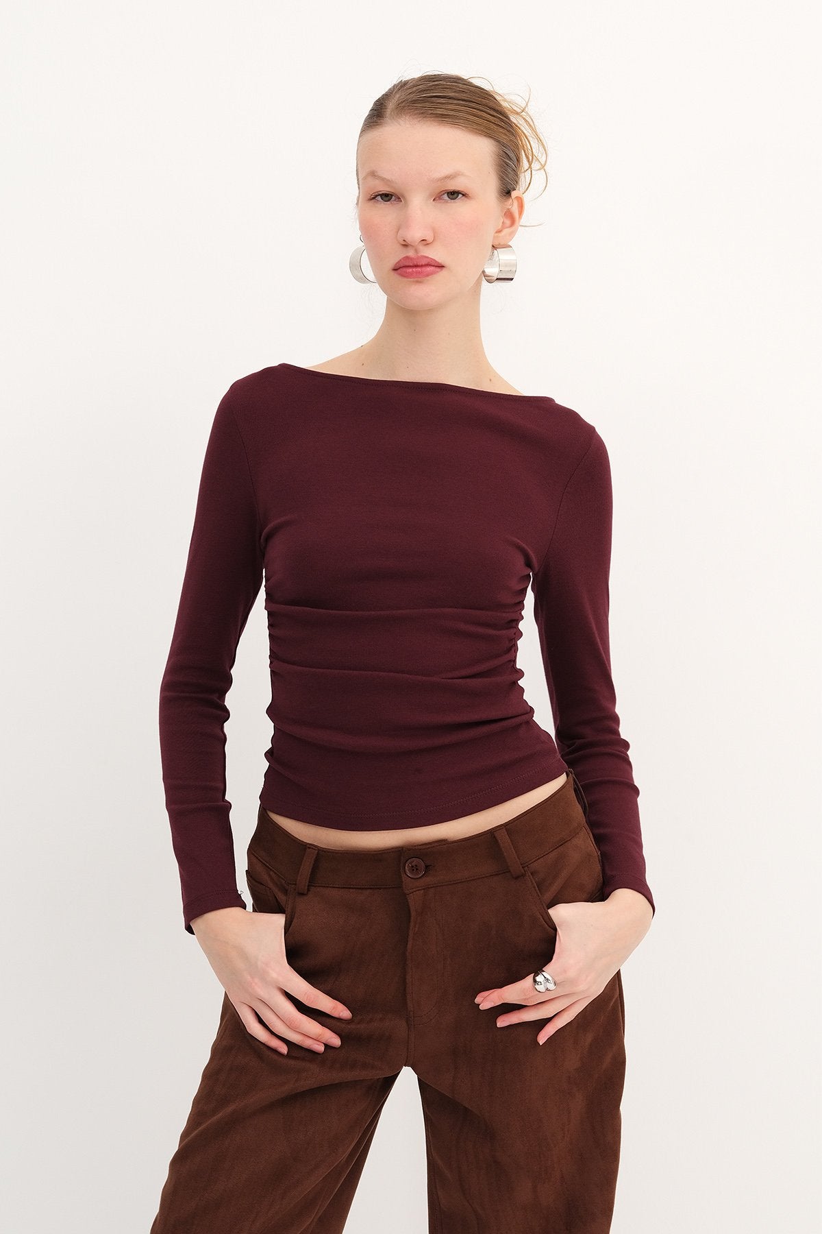 Dark-Maroon_Long-Sleeve-Side-Ruched-Blouse-addax