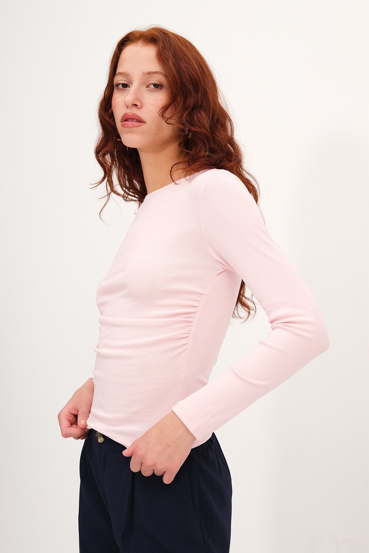 Sugar-Pink_Long-Sleeve-Side-Ruched- Blouse-addax