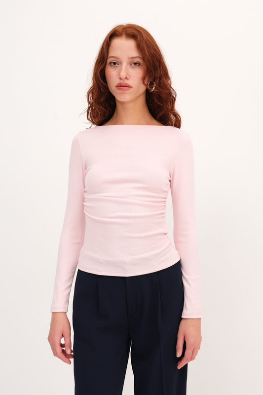 Sugar-Pink_Long-Sleeve-Side-Ruched- Blouse-addax