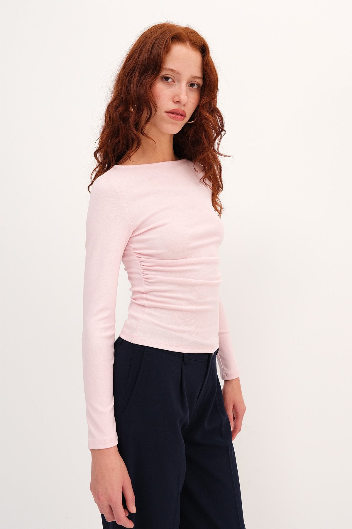 Sugar-Pink_Long-Sleeve-Side-Ruched- Blouse-addax
