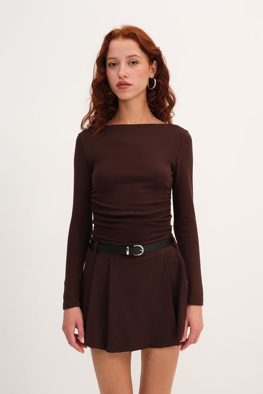 Bitter-Coffee_Long-Sleeve-Side-Ruched- Blouse-addax