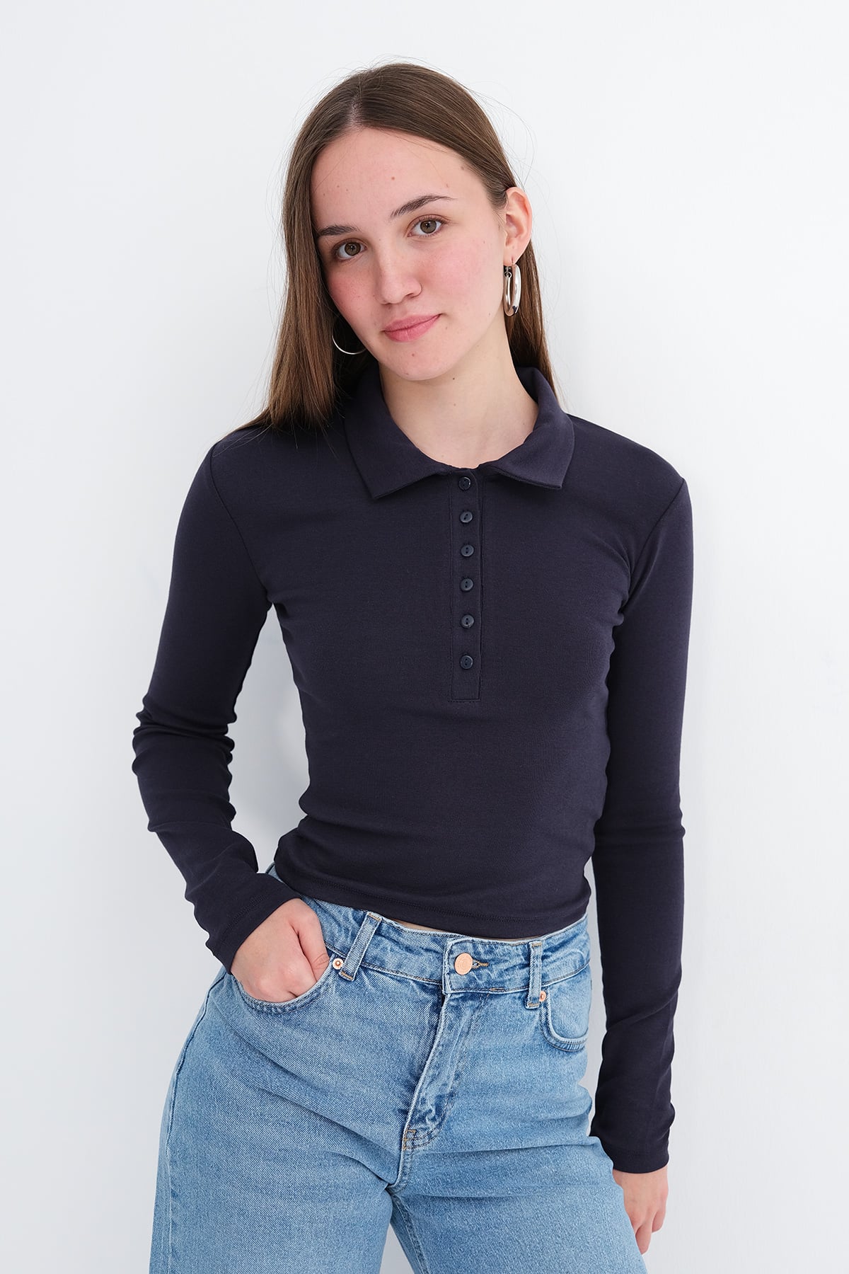 Dark-Night-Blue_Buttoned-Polo-Blouse-addax
