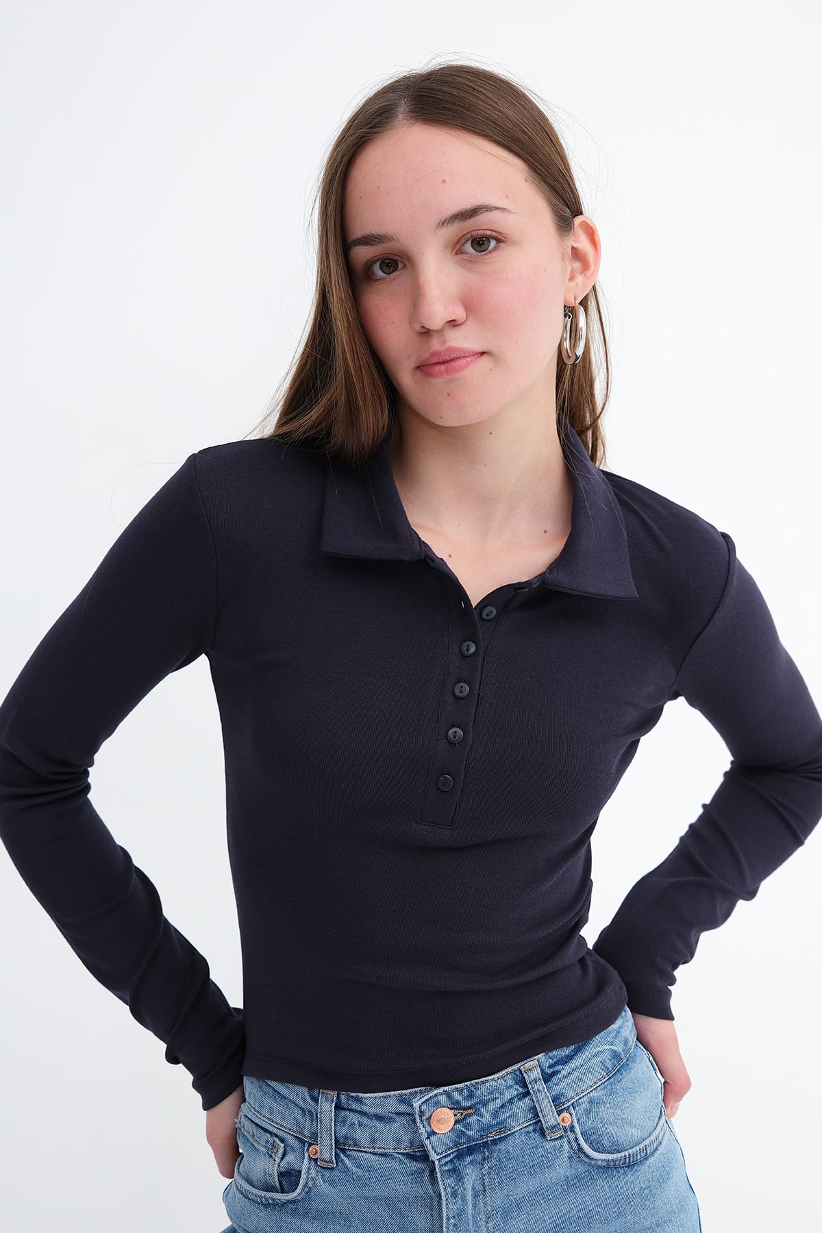 Dark-Night-Blue_Buttoned-Polo-Blouse-addax
