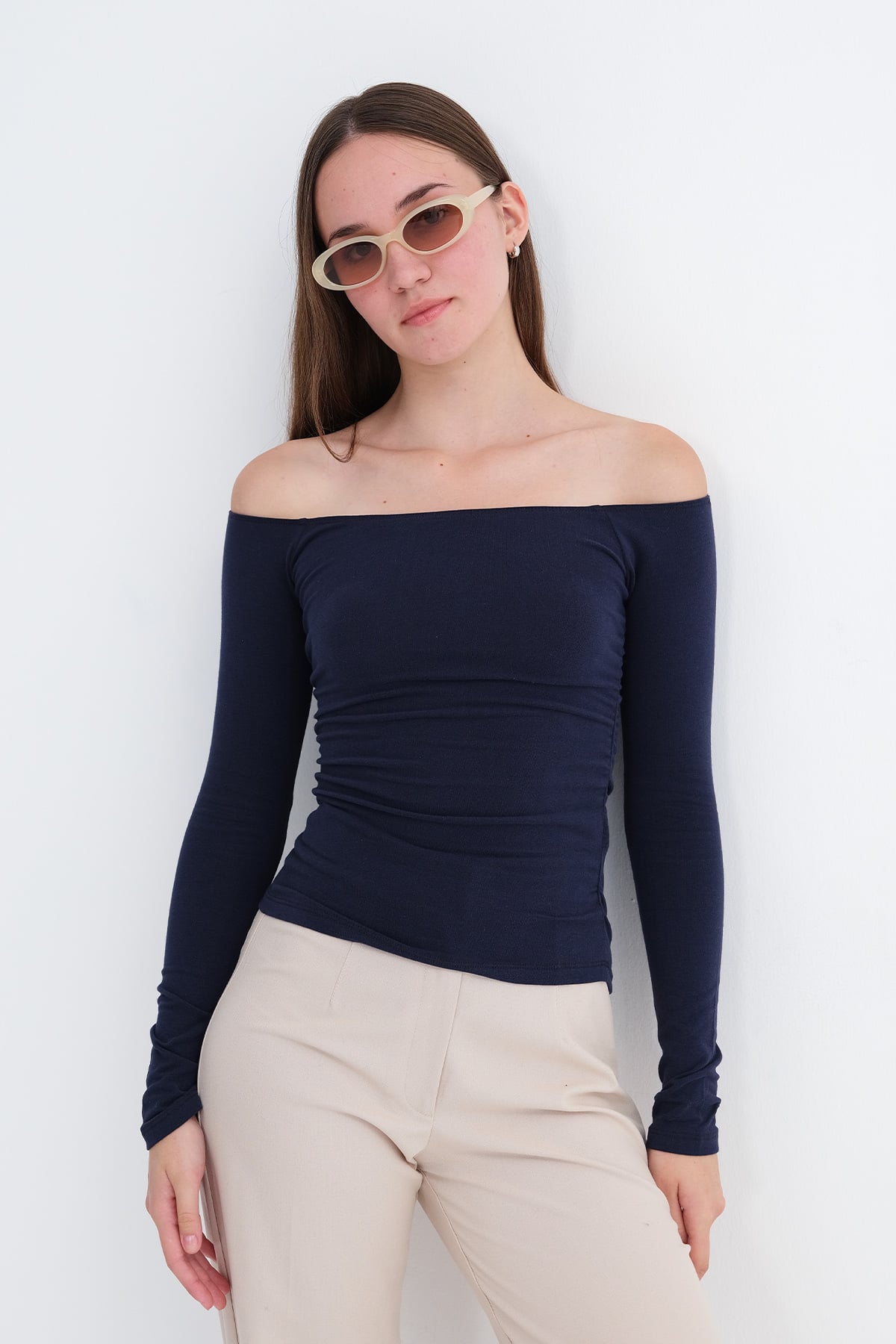 Dark-Night-Blue_Boat-Neck-Ruched-Blouse-addax