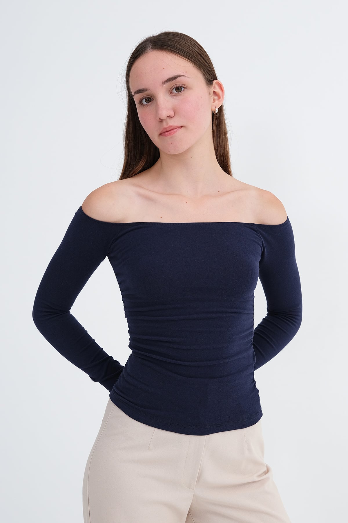 Dark-Night-Blue_Boat-Neck-Ruched-Blouse-addax