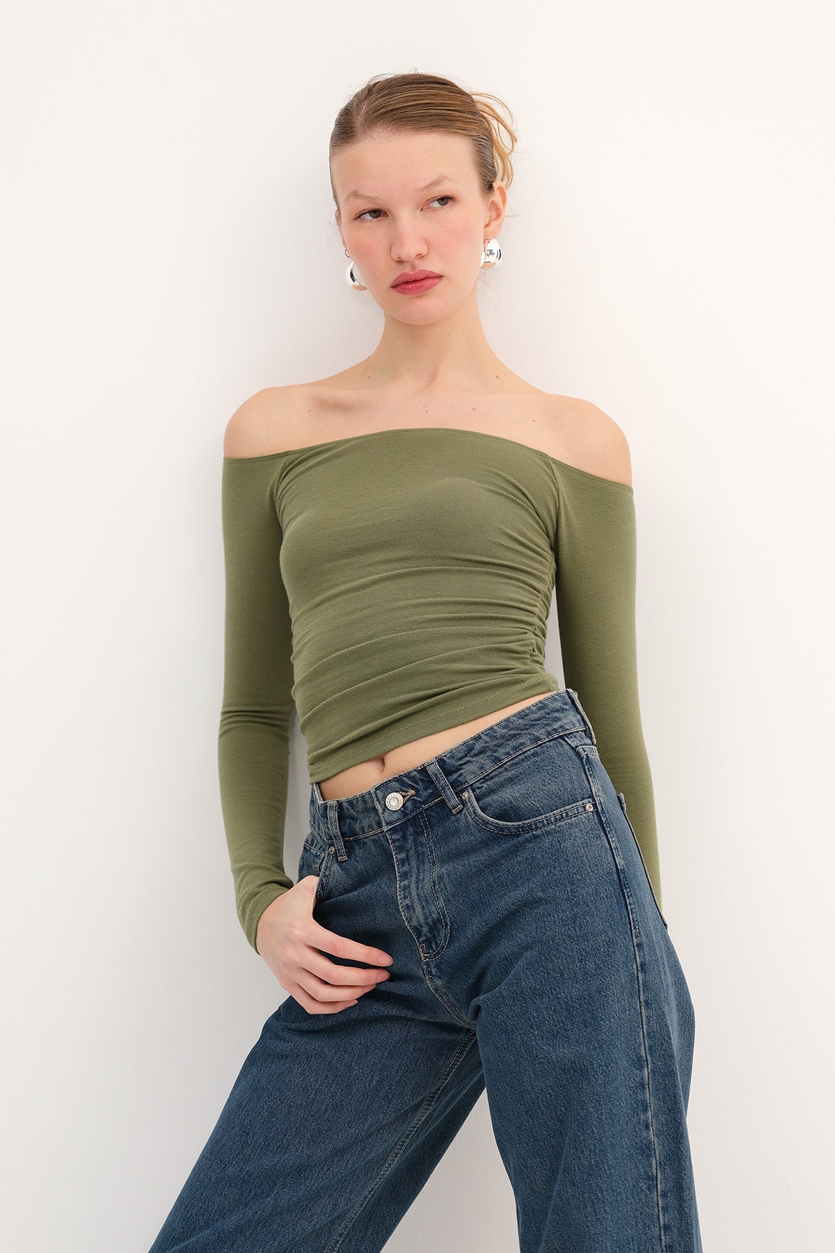 Matcha_Boat-Neck-Ruched-Blouse-addax
