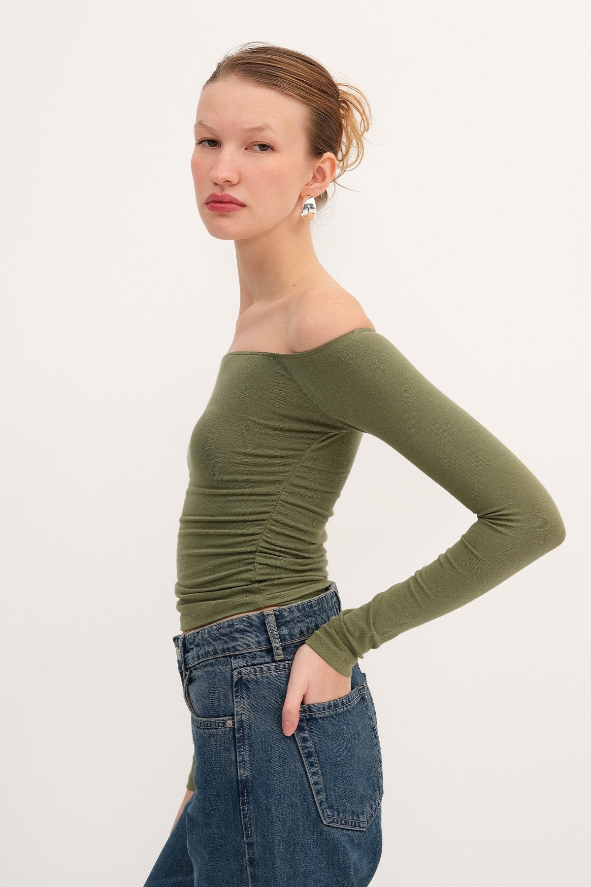 Matcha_Boat-Neck-Ruched-Blouse-addax