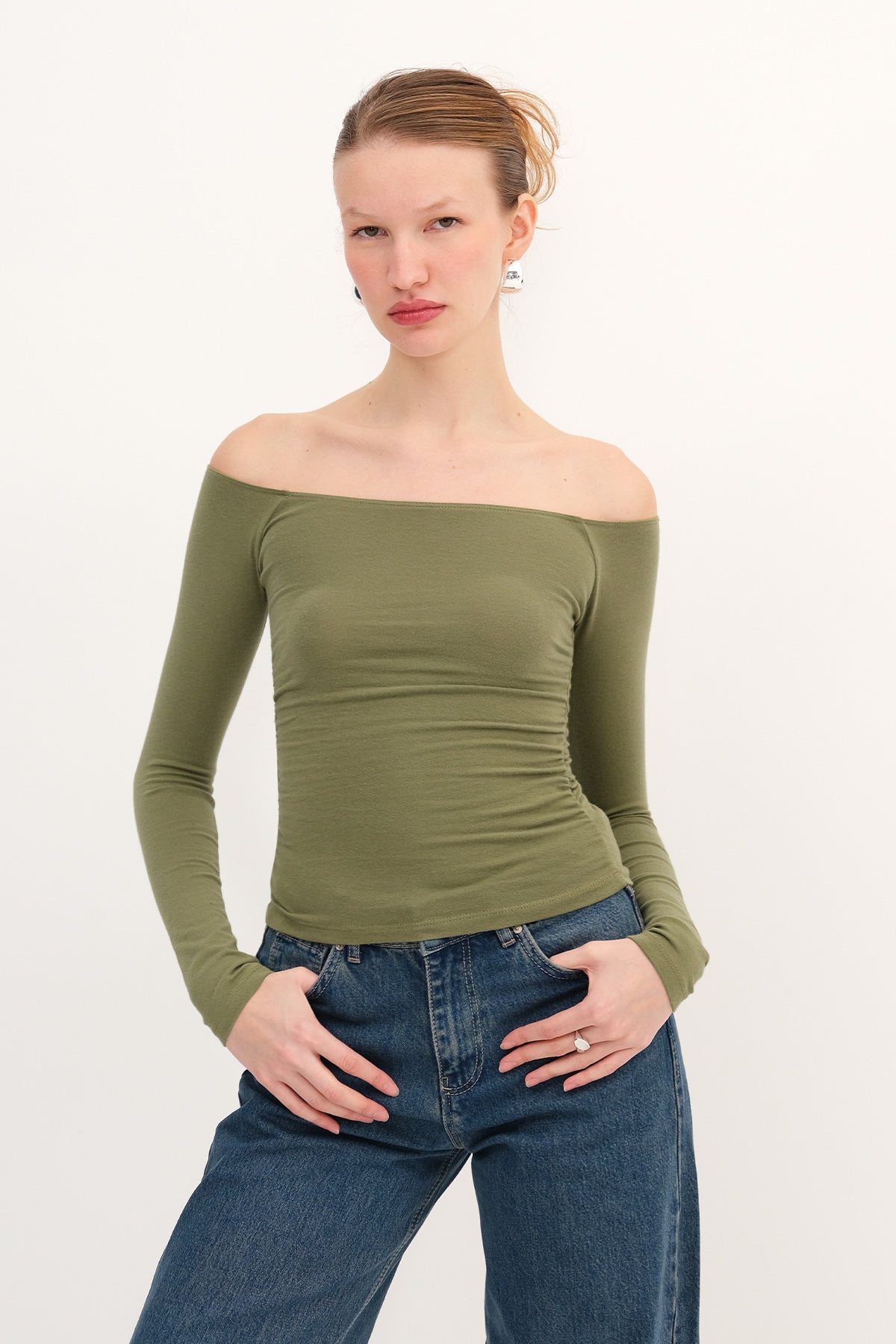 Matcha_Boat-Neck-Ruched-Blouse-addax