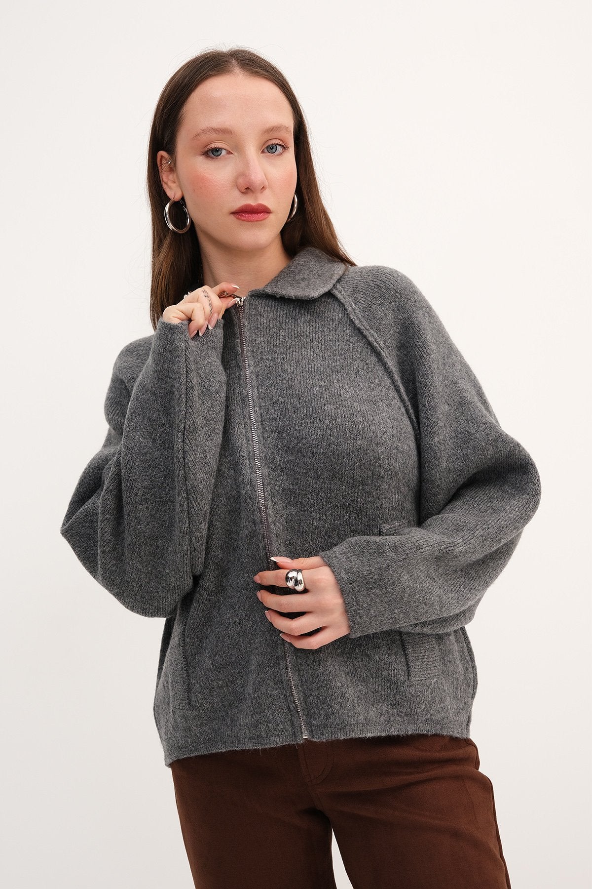 Lead-Grey_Polo-Neck-Zip-Up Knit-Cardigan-addax