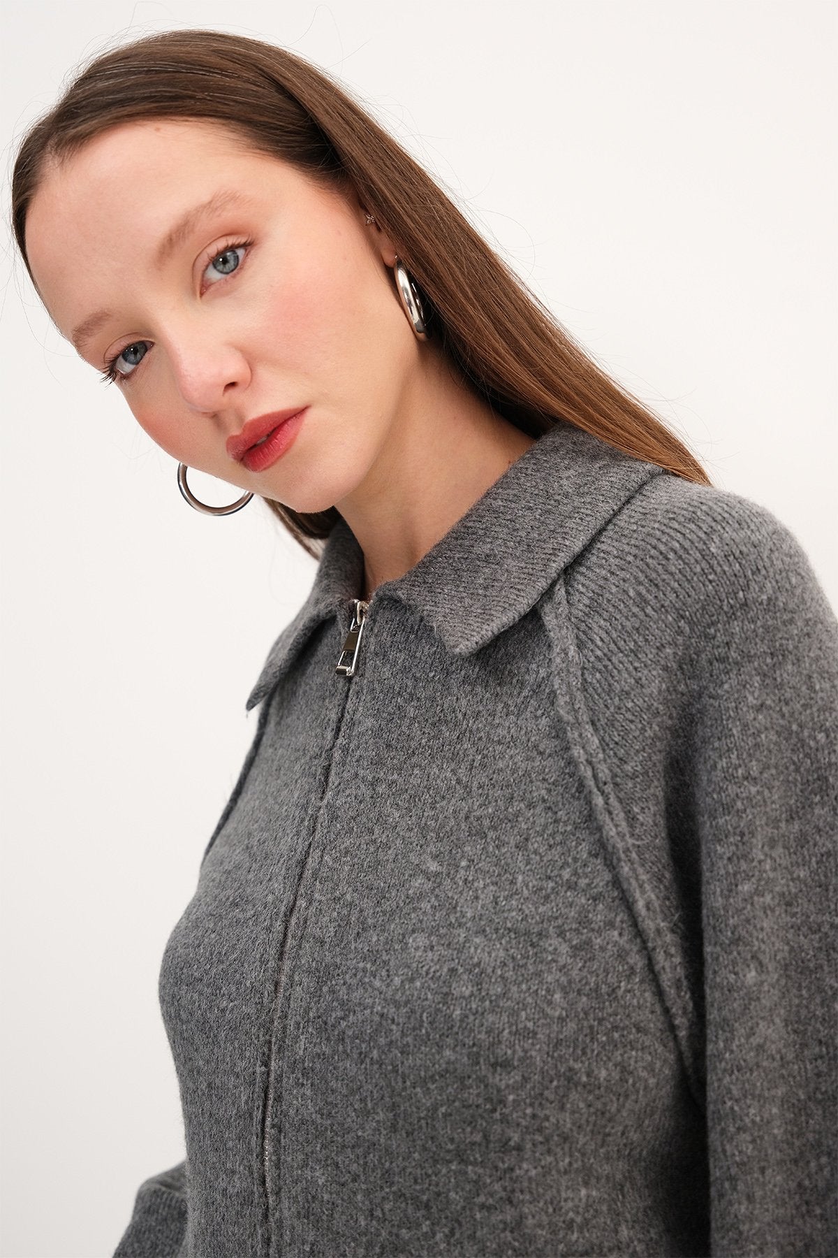 Lead-Grey_Polo-Neck-Zip-Up Knit-Cardigan-addax