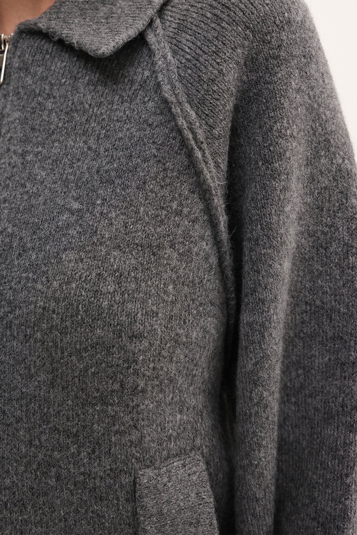 Lead-Grey_Polo-Neck-Zip-Up Knit-Cardigan-addax