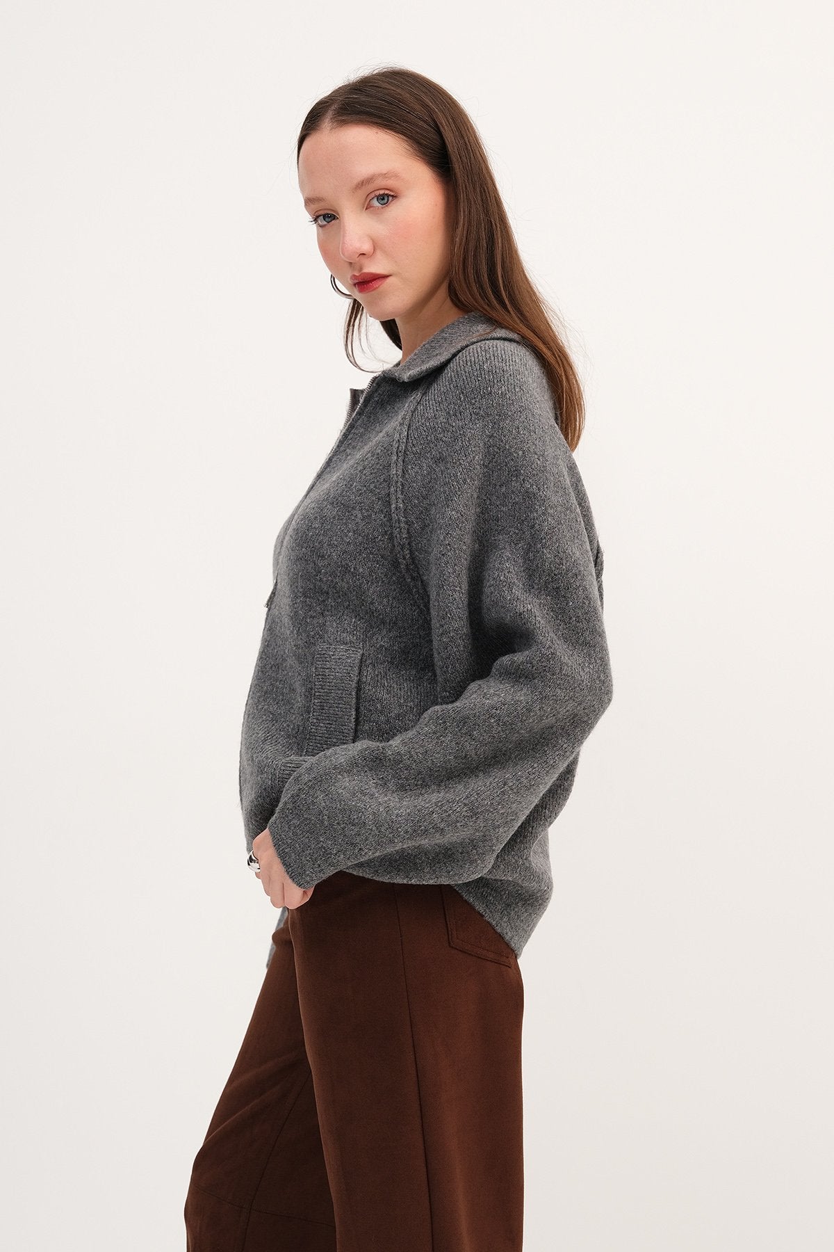 Lead-Grey_Polo-Neck-Zip-Up Knit-Cardigan-addax