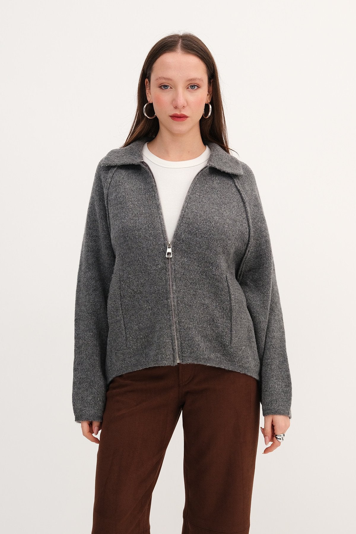 Lead-Grey_Polo-Neck-Zip-Up Knit-Cardigan-addax
