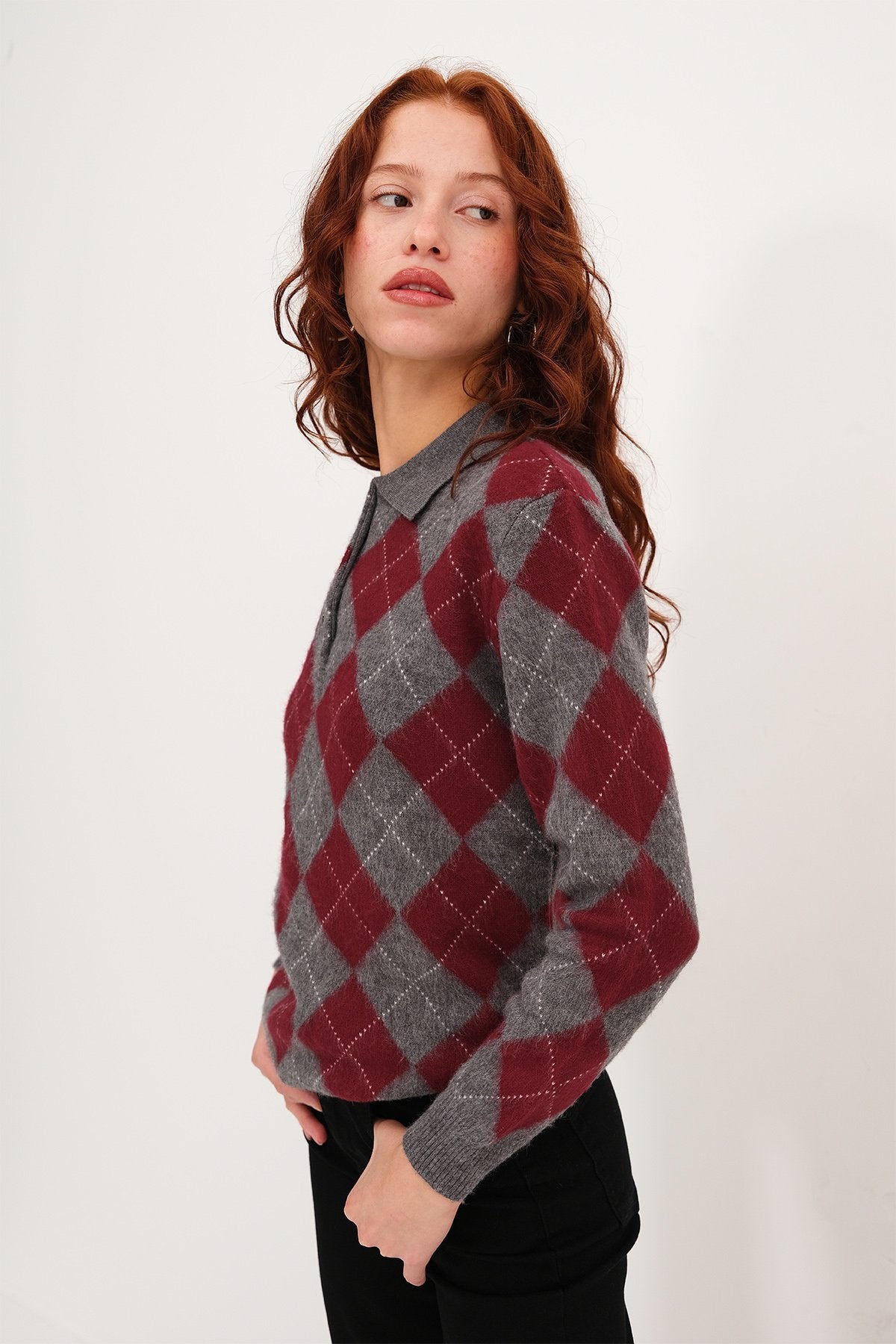 Lead-Grey_Polo-Neck-Argyle-Knit- Sweater-addax