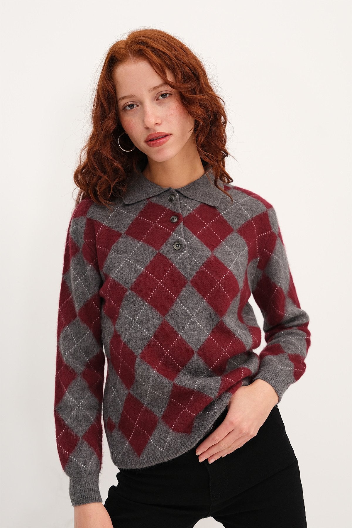 Lead-Grey_Polo-Neck-Argyle-Knit- Sweater-addax