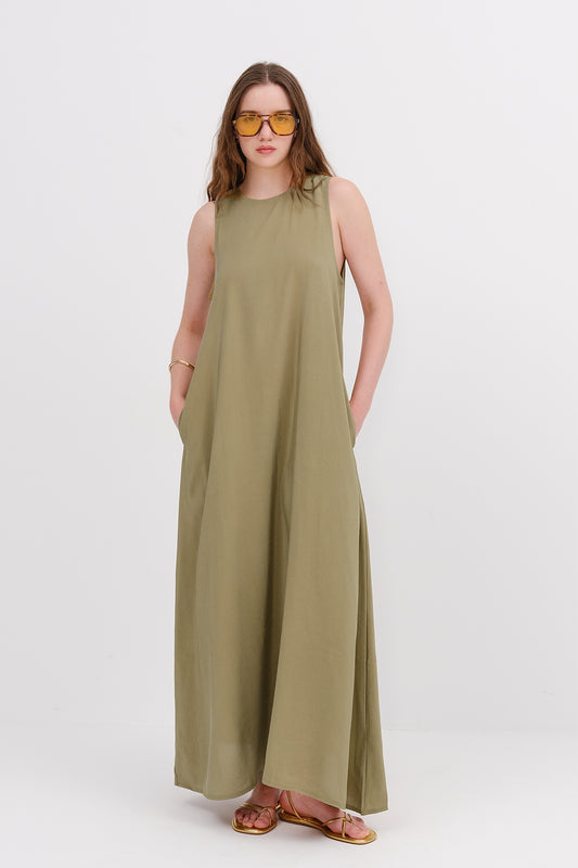 Oil-Green_Crew-Neck-Long-Dress-addax