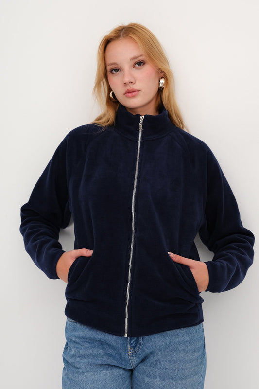Night-Blue_Stand-Collar-Fleece-Cardigan-addax