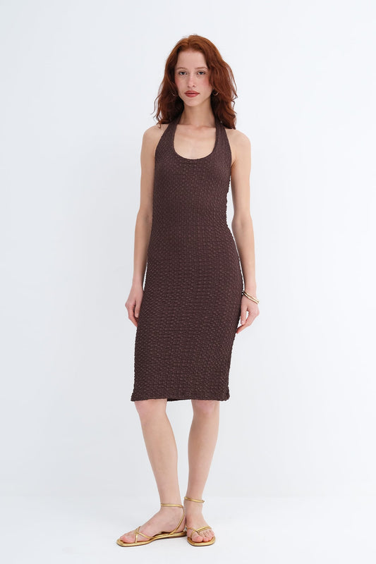 Bitter-Coffee_Halter-Neck-Textured-Dress-addax