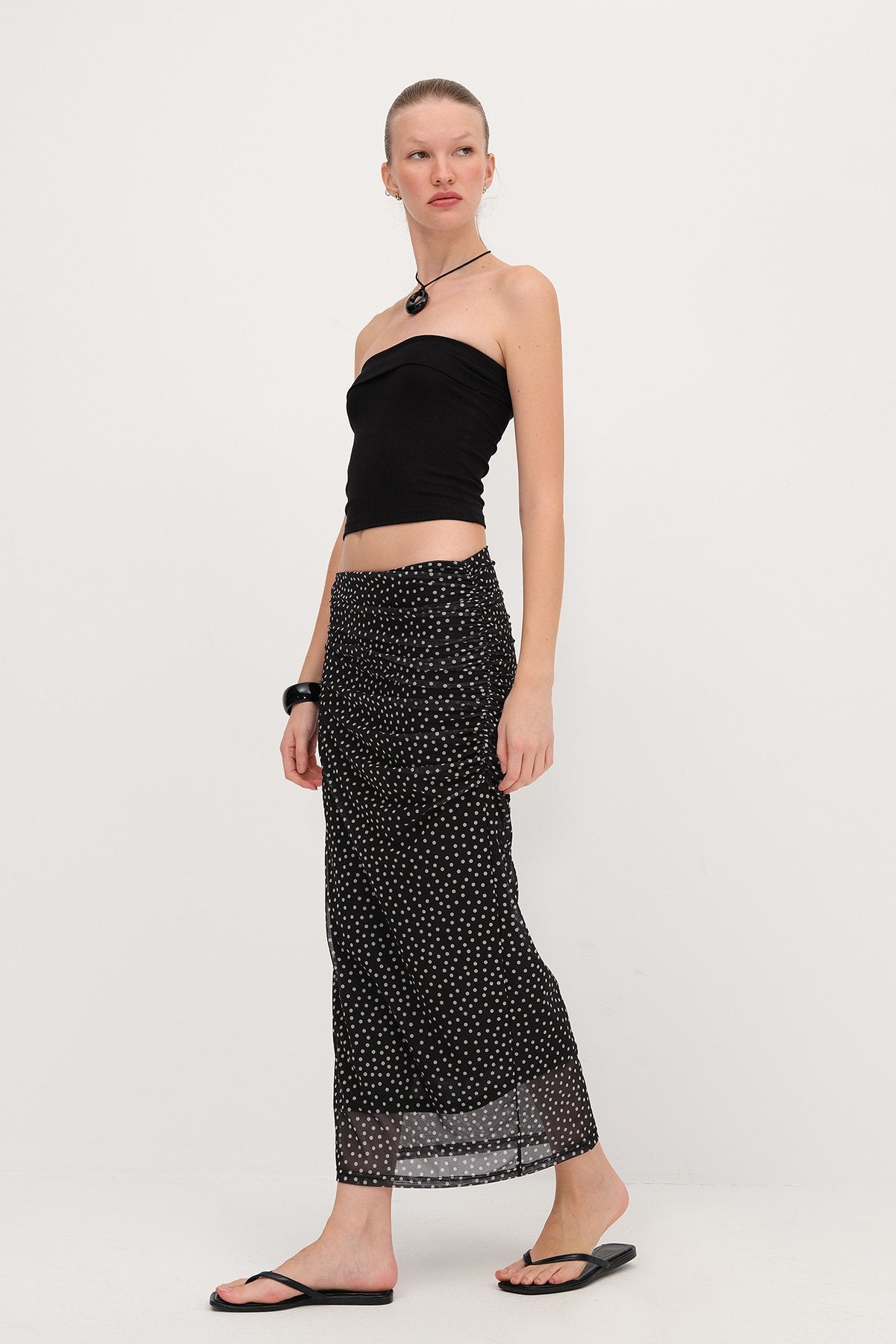 Black-Polka-Dot-Ruched-Midi-Skirt-addax