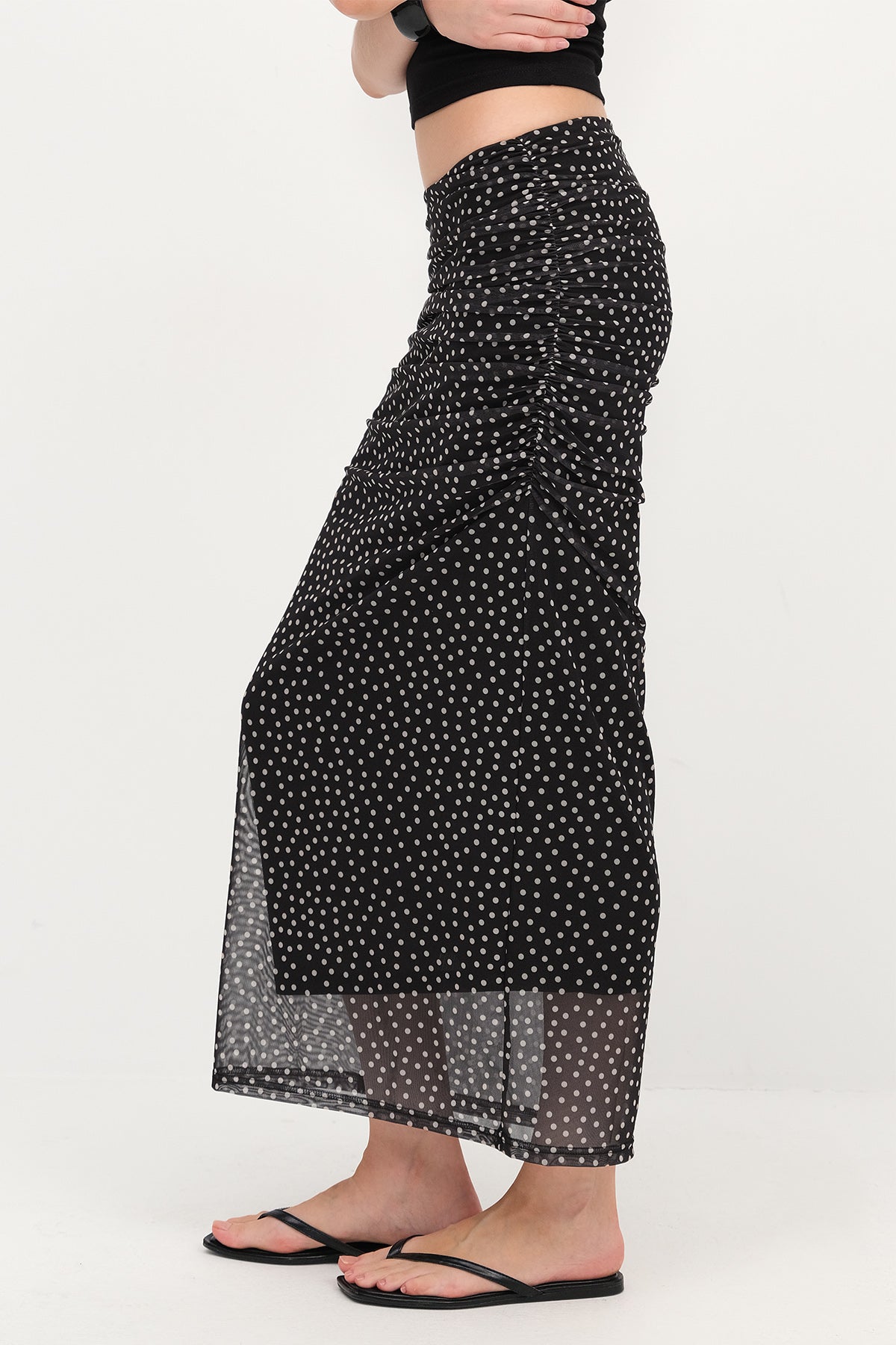 Black-Polka-Dot-Ruched-Midi-Skirt-addax