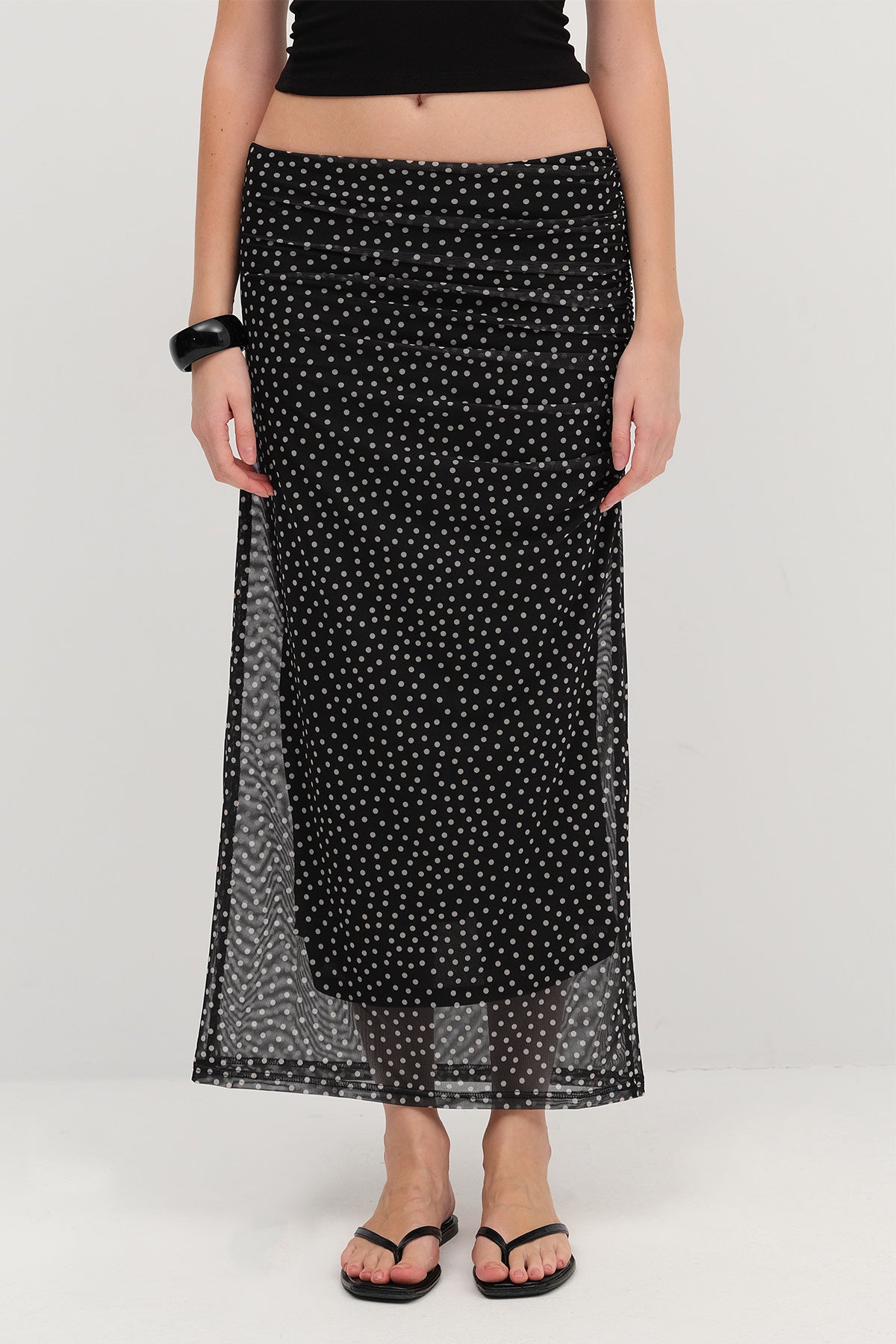 Black-Polka-Dot-Ruched-Midi-Skirt-addax