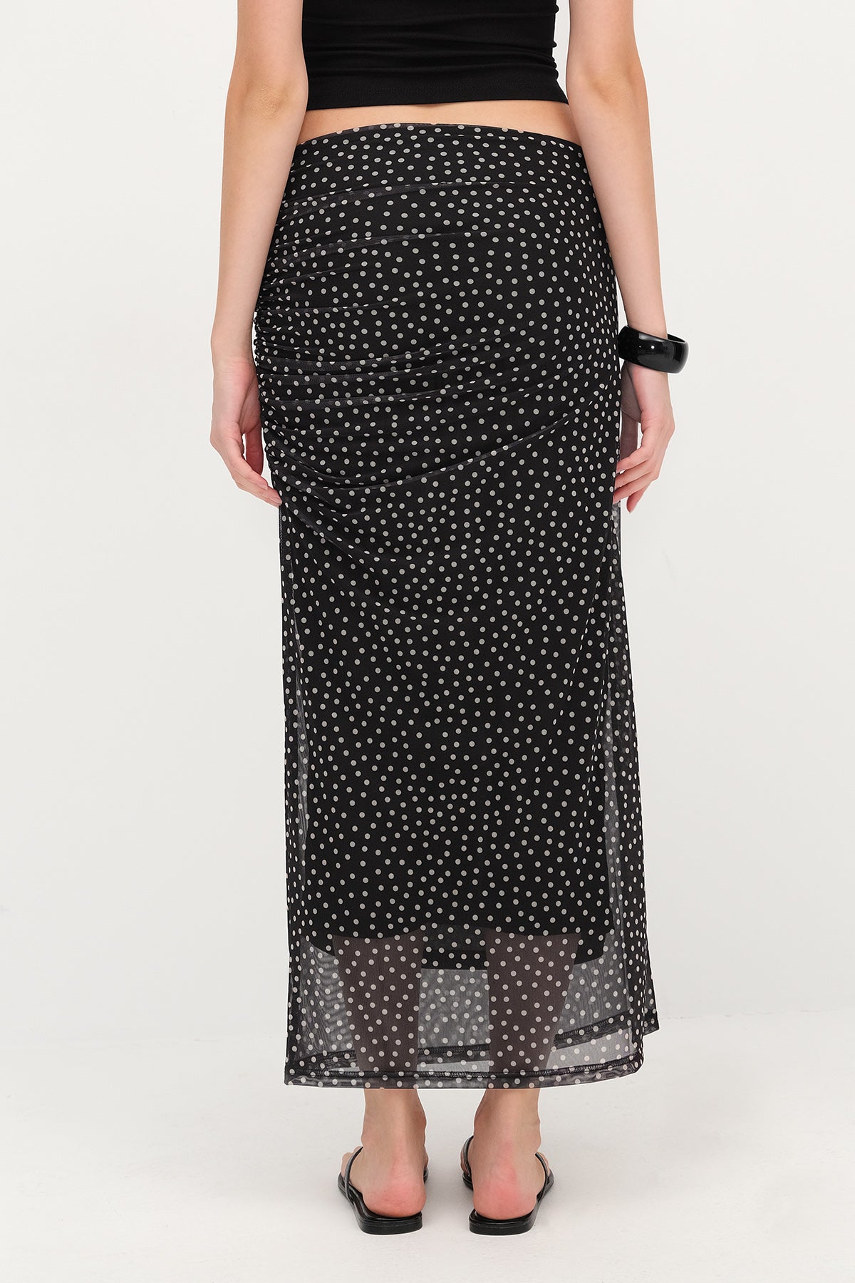 Black-Polka-Dot-Ruched-Midi-Skirt-addax
