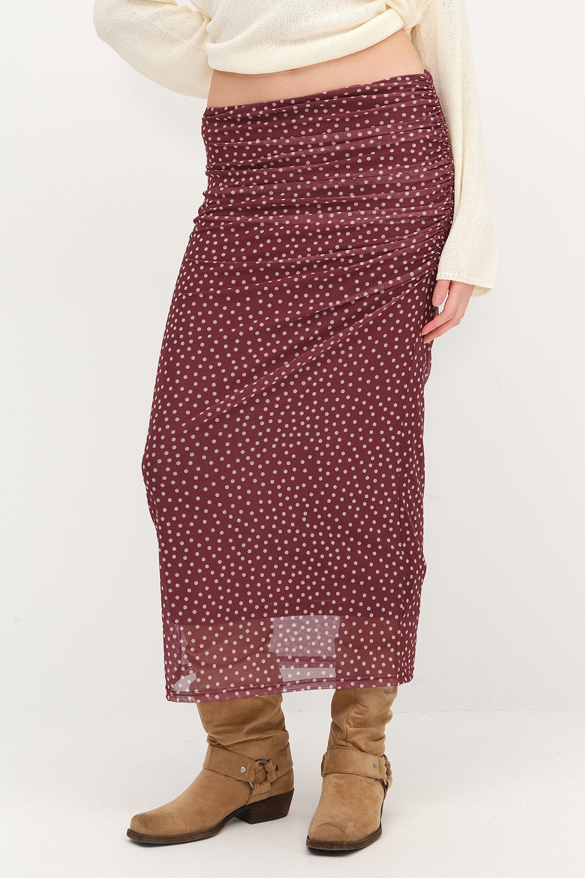 Damson_Polka-Dot-Ruched-Midi-Skirt-addax