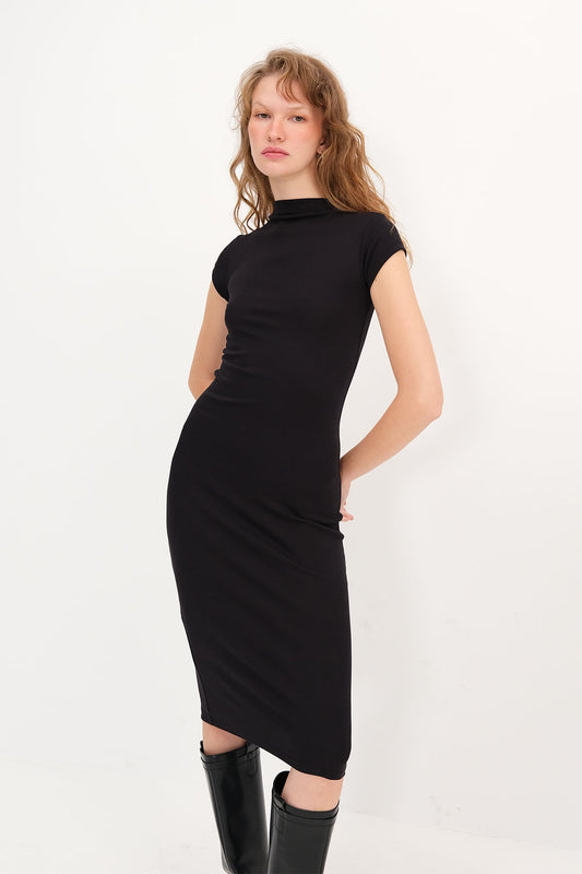 Black_High-Neck-Short-Sleeve-Basic-Dress-addax