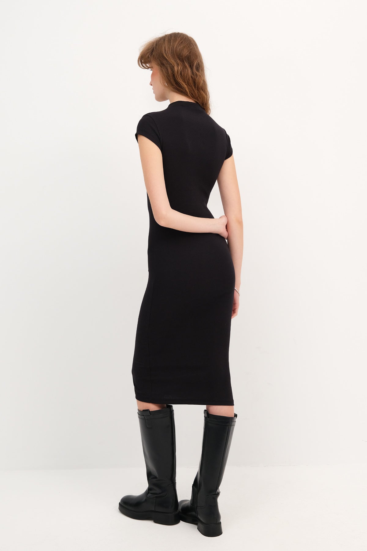 Black_High-Neck-Short-Sleeve-Basic-Dress-addax