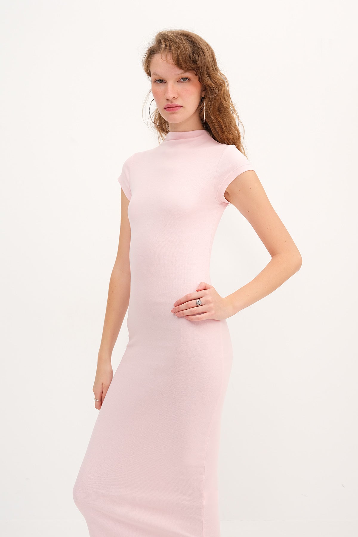 Sugar-Pink_High-Neck-Short-Sleeve- Basic-Dress-addax