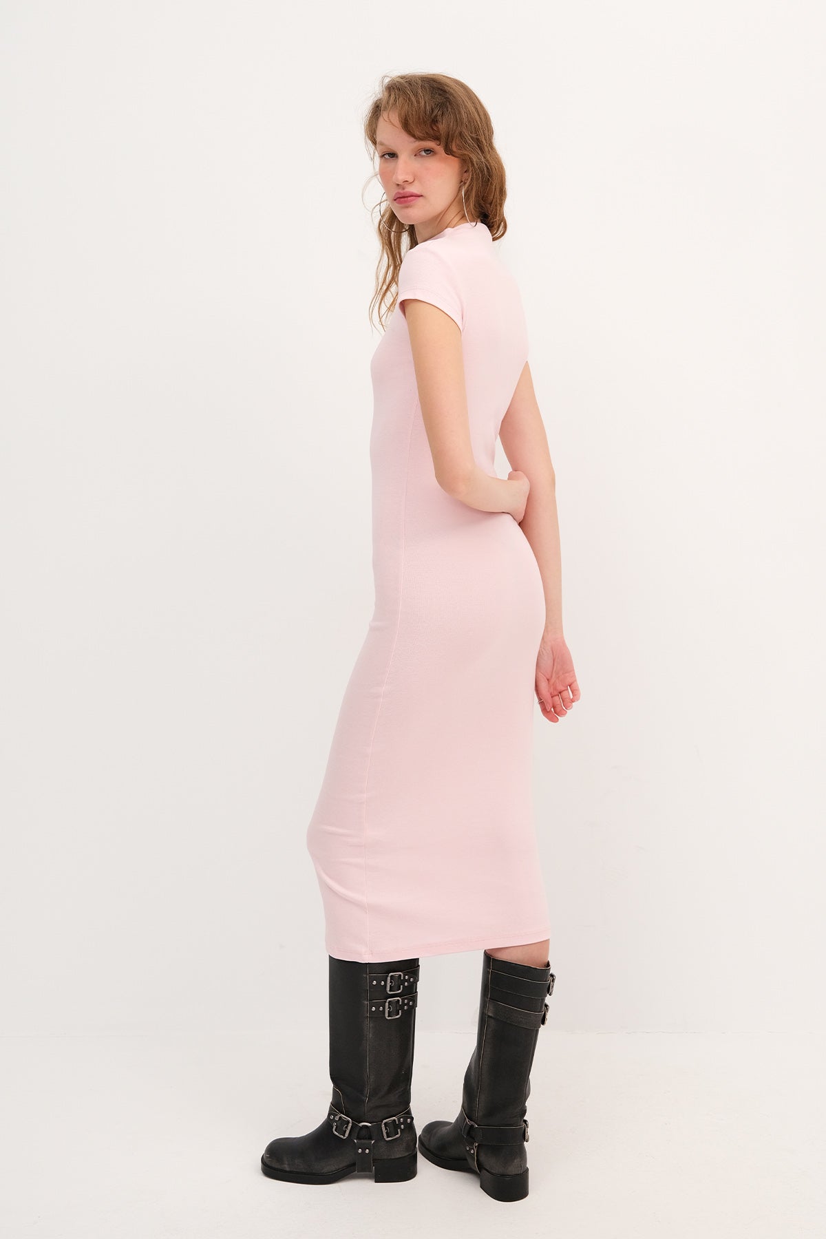 Sugar-Pink_High-Neck-Short-Sleeve- Basic-Dress-addax