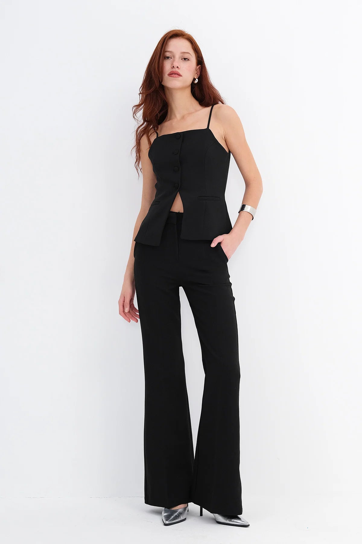 Buttoned Two-Piece Set with Thin Straps